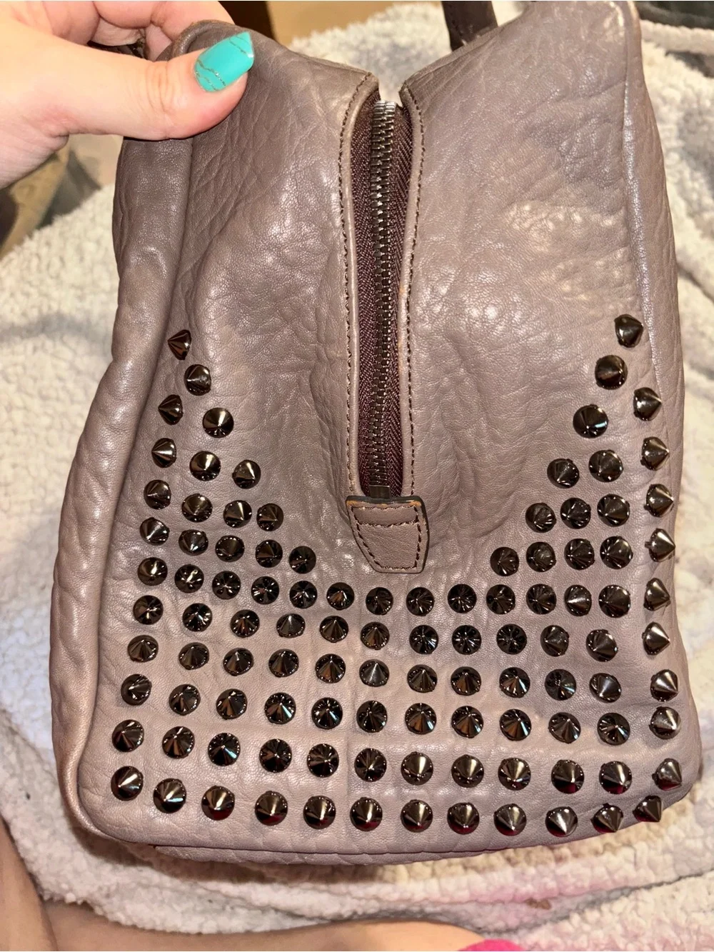 MCM Keana Gunmetal Studded Pebbled Leather Satchel Bag